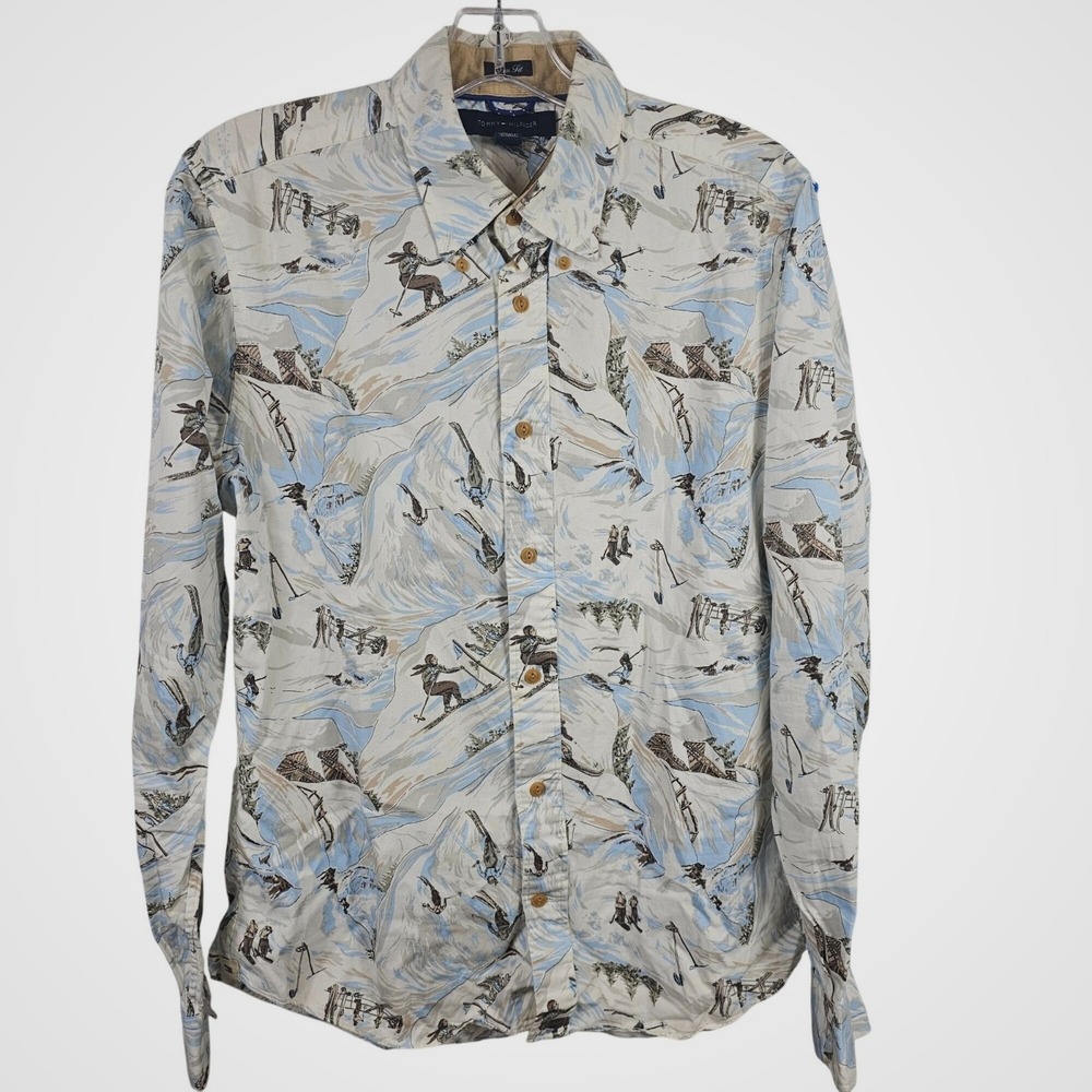 Tommy Hilfiger Button Up Shirt Mens Small White Blue Ski Graphic Slim Fit